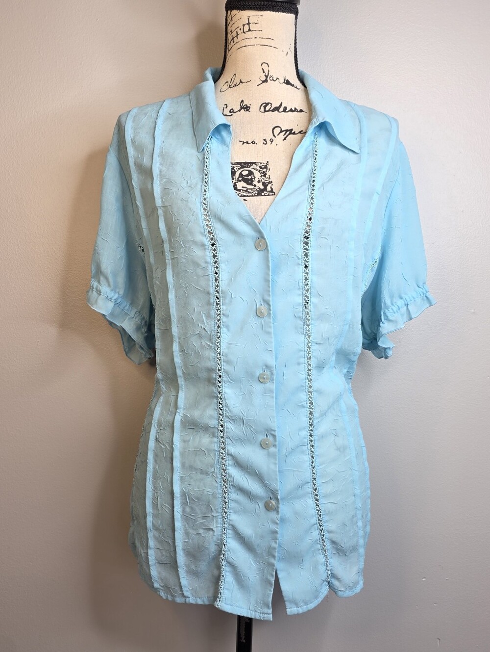 Studio 1940 Light Blue Textured Button Down Shirt Ladder Lace Ruffle Sleeve 22/2